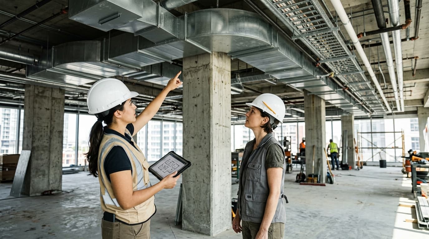 Architects and site engineers coordinating mechanical HVAC ductwork and structural penetrations using digital tablet on a commercial site